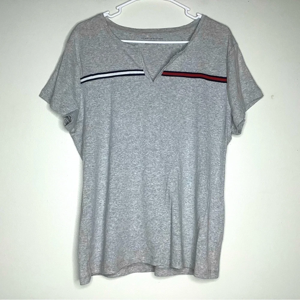 < Tommy Hilfiger Classic Grey Split Neck Tee > - Picture 2 of 6